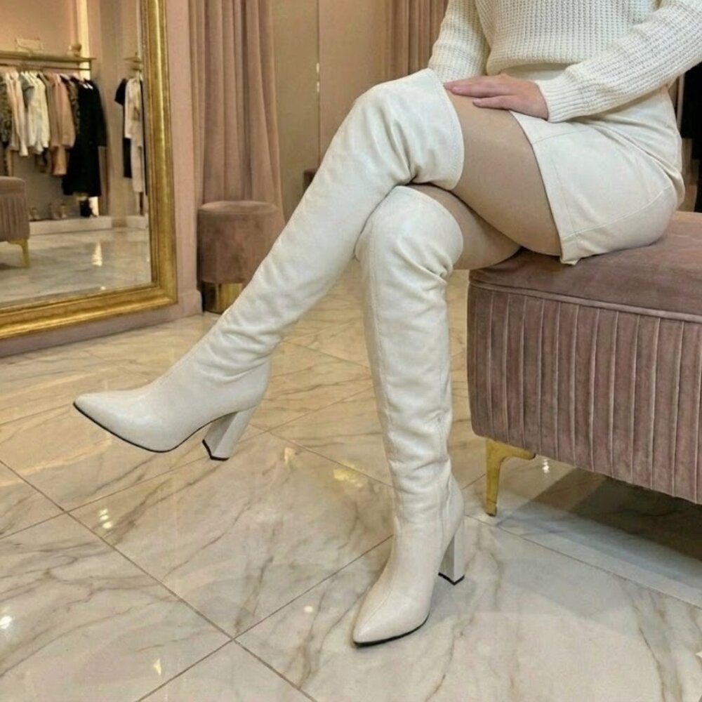 NWT Bamboo White Thigh High Boots 🤍 4.5” Block Heel Slouchy Over The Knee OTK - Picture 3 of 6